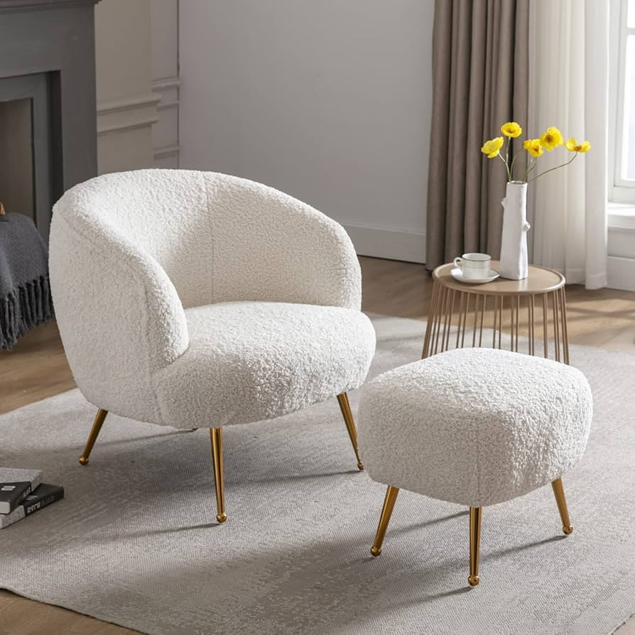 HEAH-YO Modern Accent Chair with Ottoman, Upholstered Faux Fur Barrel Arm Chair with Gold Metal L... | Amazon (US)