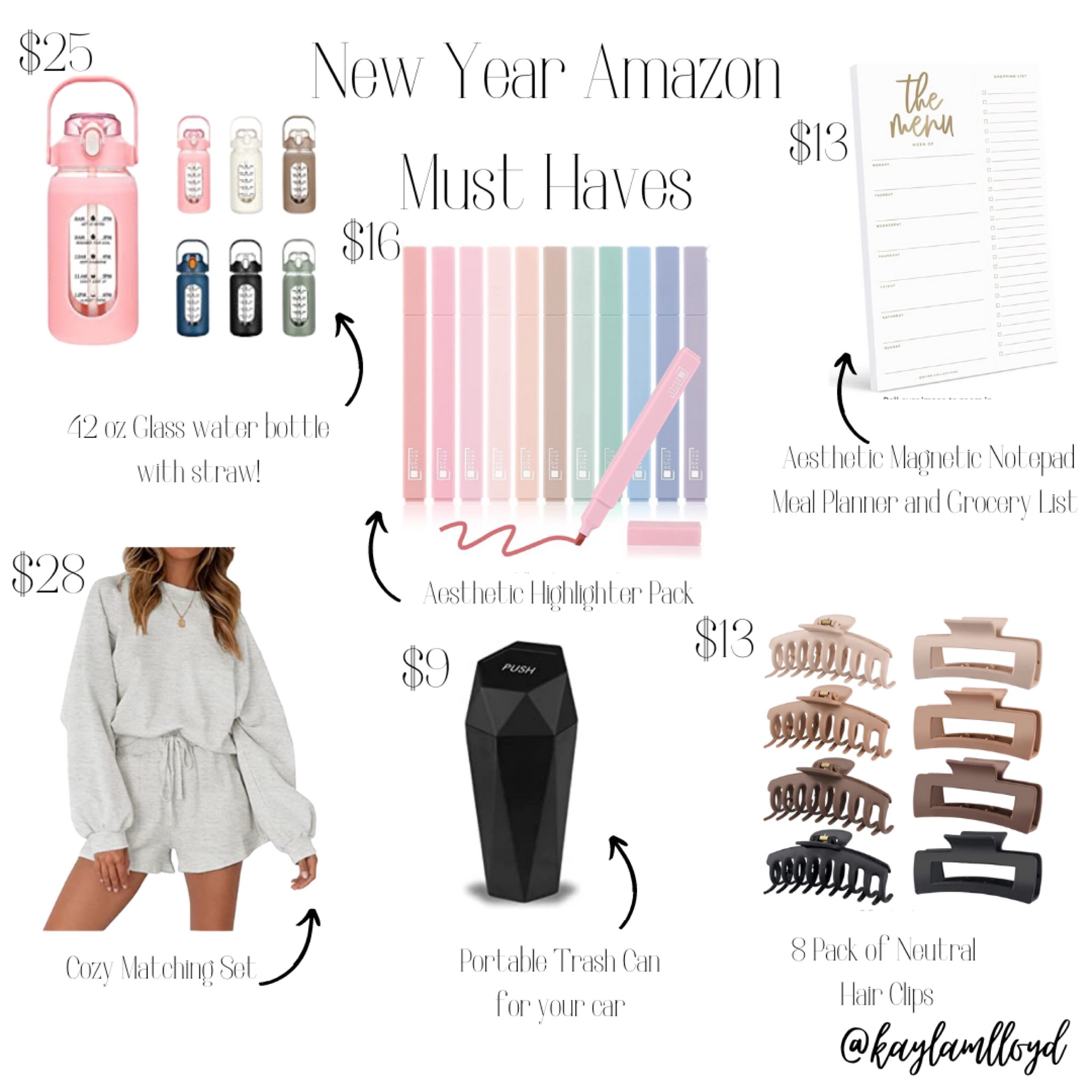 New Year Must Haves from Amazon! These affordable finds from Amazon are perfect for your New Years Goals. Stay hydrated with a 42 ounce glass water bottle with a straw. Get organized with an aesthetic highlighter set. Plan your weekly meals and grocery list with a magnetic menu, perfect for placing on your fridge. Stay cozy with a soft matching affordable set. Stay clean with a portable small trash can for your car. Keep your hair pulled back or half your with adorable aesthetic claw clips! 

#LTKunder50 #LTKunder100 #LTKFind