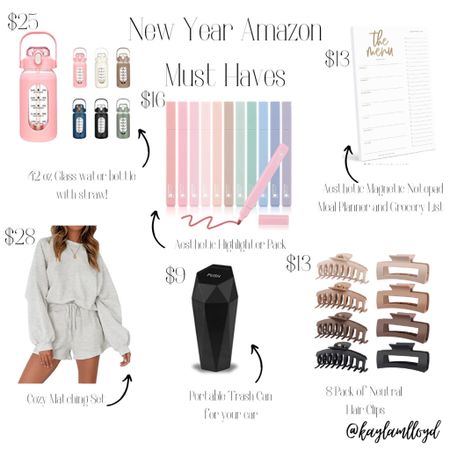 New Year Must Haves from Amazon! These affordable finds from Amazon are perfect for your New Years Goals. Stay hydrated with a 42 ounce glass water bottle with a straw. Get organized with an aesthetic highlighter set. Plan your weekly meals and grocery list with a magnetic menu, perfect for placing on your fridge. Stay cozy with a soft matching affordable set. Stay clean with a portable small trash can for your car. Keep your hair pulled back or half your with adorable aesthetic claw clips! 

#LTKunder50 #LTKunder100 #LTKFind