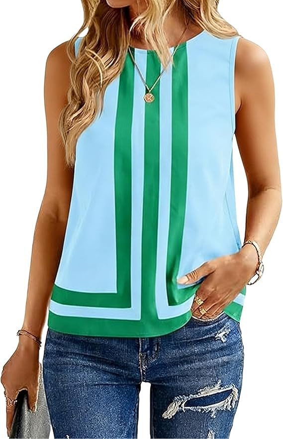 Watashi Women Color Block Sleeveless Blouse Summer Crewneck Geometric Striped Loose Fit Casual Ta... | Amazon (US)
