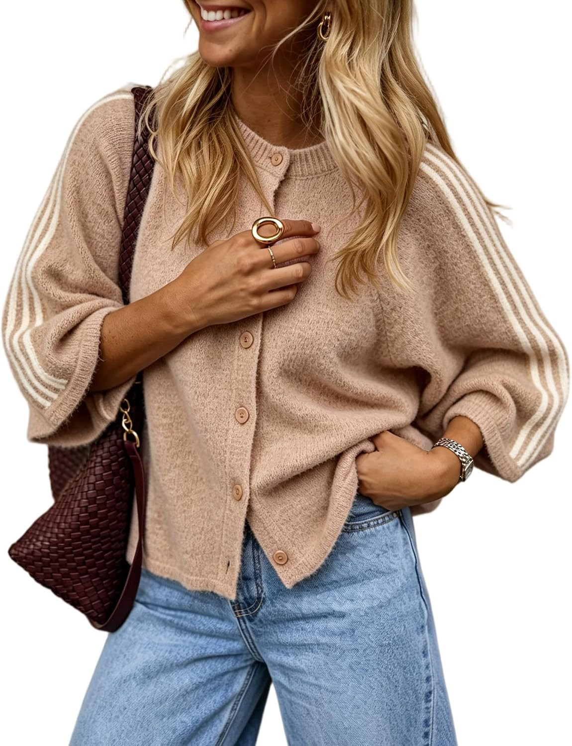 Hixiaohe Womens Casual Stripe Knit Cardigan Crew Neck Button Down Sweater | Amazon (US)