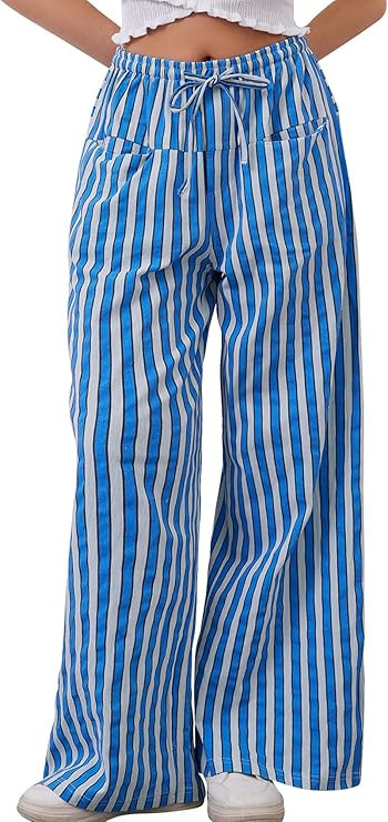 Women Striped Casual Lounge Pants Drawstring Wide Leg Low Rise Trousers with Pockets Loose Pajama... | Amazon (US)