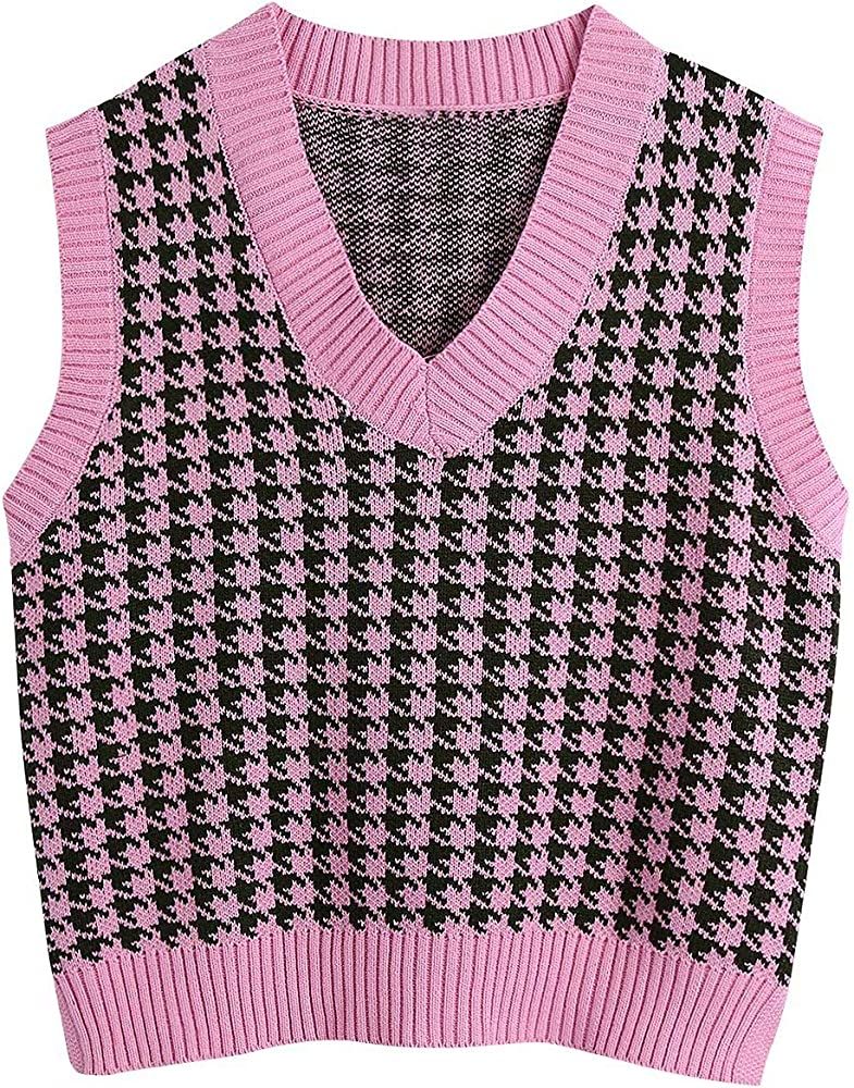 Sdencin Women Houndstooth Pattern Knit Sweater Vest Sleeveless Loose V-Neck 90s Waistcoat Pullove... | Amazon (US)