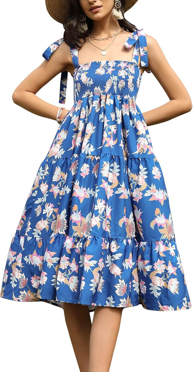 EXLURA Women's Smocked Floral Boho Sundress Square Neck Polka Dot Tiered Tie Shoulder Sleeveless ... | Amazon (US)