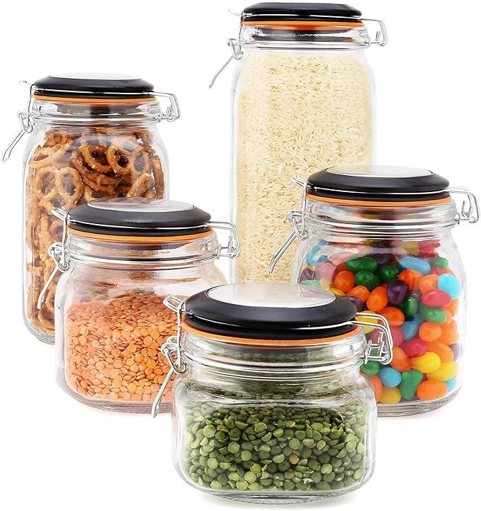 EatNeat 5-Piece Airtight Glass Kitchen Canisters with Black Lids - Set of 5 Mason Jars for Food S... | Amazon (US)