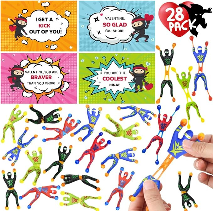 LUKBERA 28Packs Valentines Day Greeting Cards with Sticky Ninja Wall Climbers Set, Stretchy Wall ... | Amazon (US)