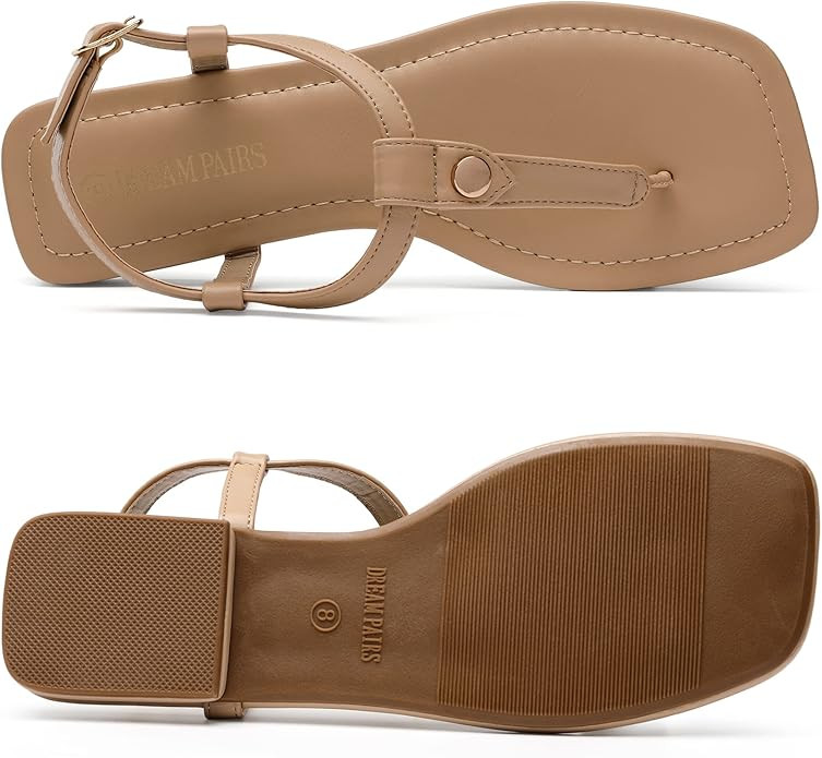 DREAM PAIRS Women's T-Strap Thong Flat Sandals with Cute Square Toe Strappy for Summer | Amazon (US)
