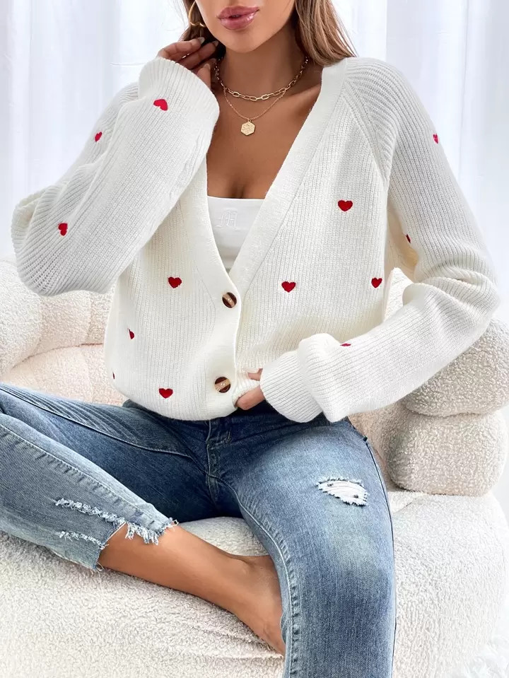 SHEIN Frenchy Heart Embroidery Button Front Cardigan,Long Sleeve Tops,Valentines Day | SHEIN