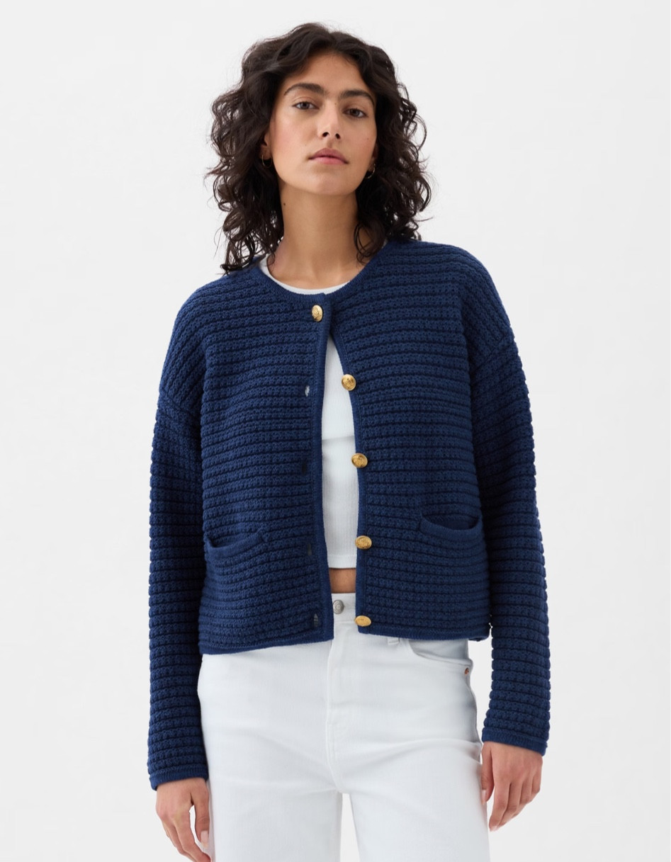 Cutest textured navy cardigan jacket either gold buttons! The gold buttons and texture of this cardigan can elevate any basic look. Great for work as well. On sale for $58!!

#LTKfindsunder100 #LTKworkwear #LTKsalealert