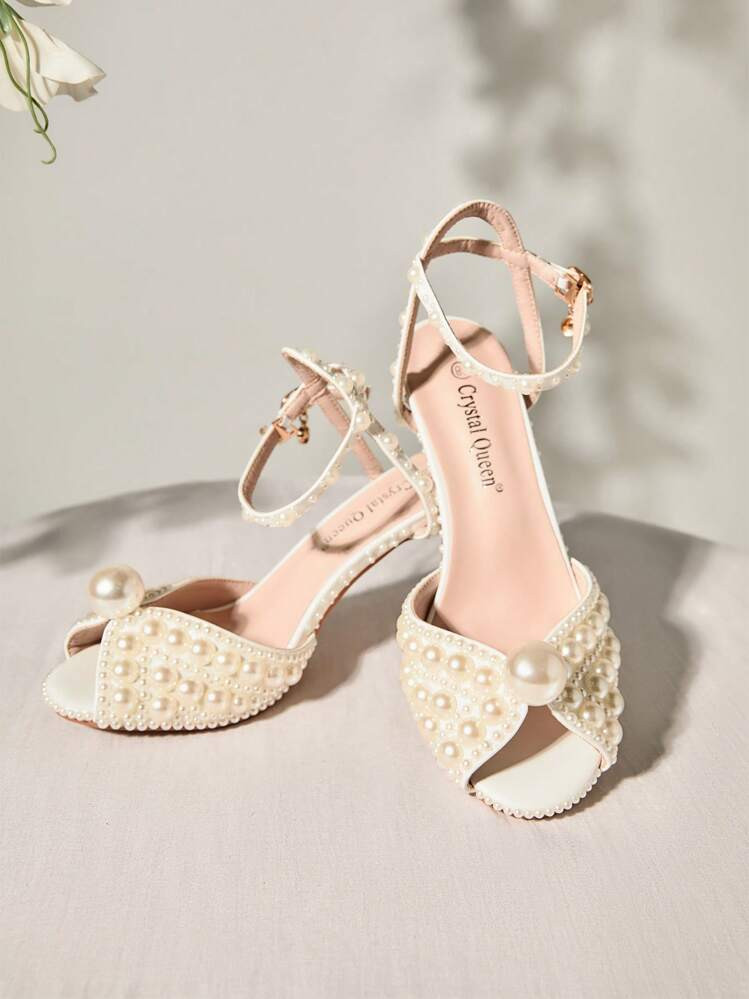 8cm Peep Toe High Heel Pearl White Wedding Party Sandals, Pearl Decor Hollow-Out Spiked Strappy Stiletto High Heel Bridal Sandals, Handmade White Pearl Closure Heeled Sandals For Prom Anniversary Wedding Graduation Halloween Winter | SHEIN