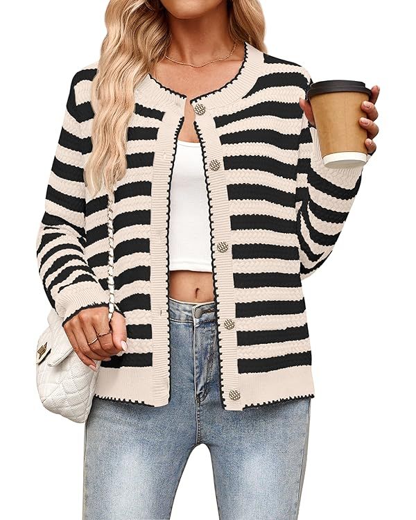 NENONA Women's Long Sleeve Striped Cardigan Sweaters Button Down Cable Knit 2024 Fall Classy Outw... | Amazon (US)