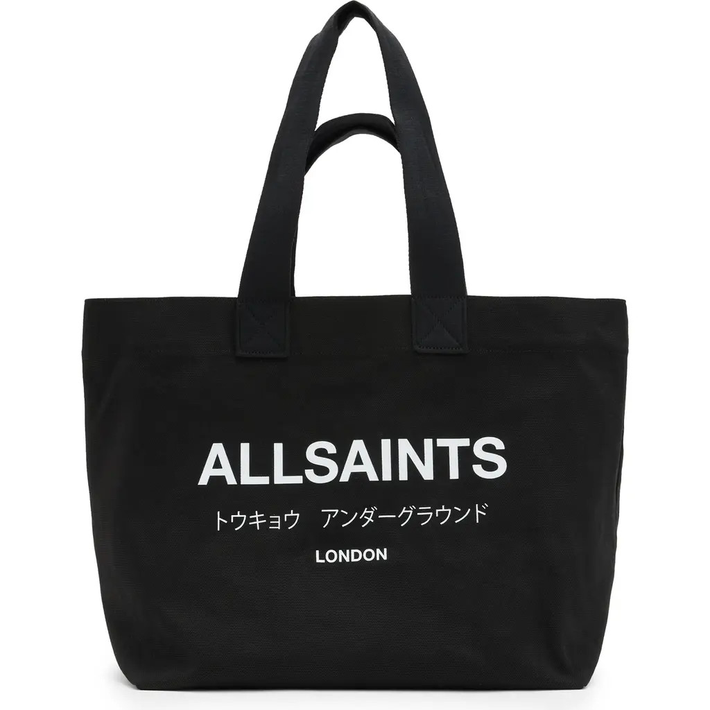 AllSaints Ali Logo Cotton Canvas East/West Tote in Black at Nordstrom | Nordstrom