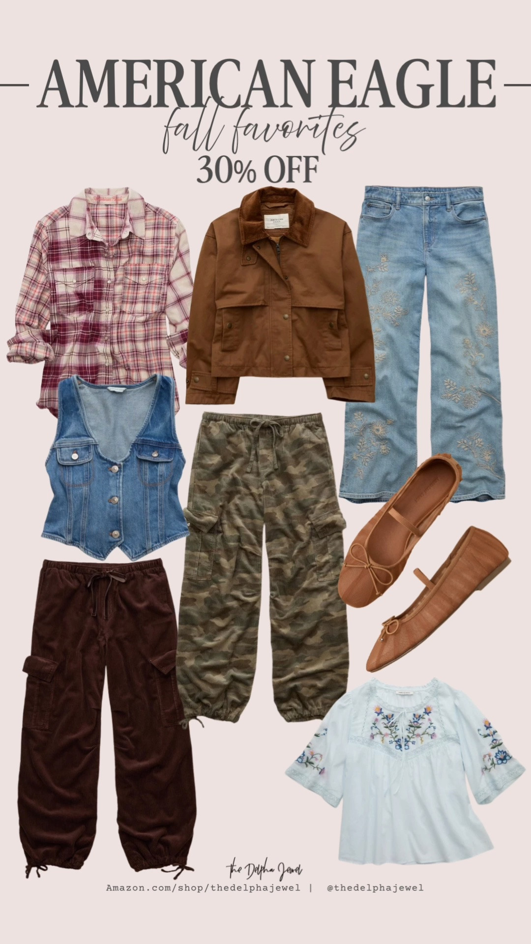 30% off fall at @American Eagle Outfitters  - everything is SO good right now!! 🤎 Obsessed with all these new arrivals 👏🏼 

•  burgundy + cream oversized plaid flannel - perfect for layering
•  brown utility / chore jacket with patch pockets - fall staple!
•  light wash floral embroidered flare jeans - the embroidery detail is stunning
•  denim button-front vest
•  camo baggy cargo pants
•  chocolate brown corduroy baggy cargo pants with cinch hem
•  tan suede bow ballet flats - goes with literally everything
•  white embroidered floral peasant top with puff sleeves

#LTKOver40 #LTKMidsize #LTKgrwm
