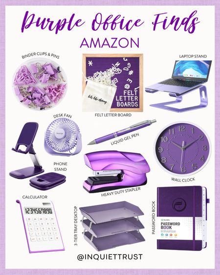 Show your love for purple with these office must-haves: binder clips, pins, felt letter board, laptop stand, desk fan, pens, stapler, wall clock, desktop tray, and password book.
#workfromhome #officesupplies #organizationtips #officedecor

#LTKfindsunder100 #LTKhome #LTKstyletip