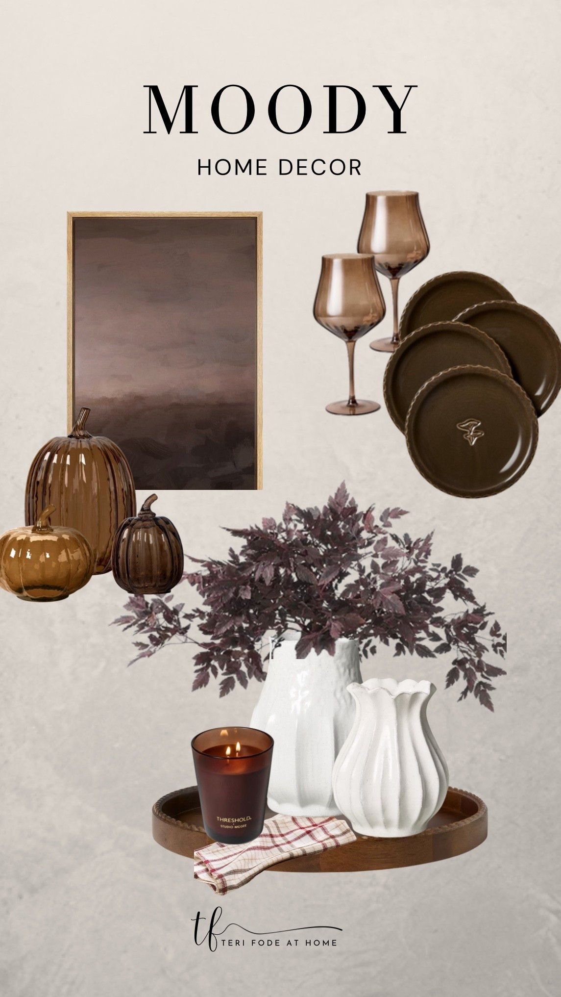 Fall is knocking! Here are some favorite finds for fall decor! Fall appetizer plates, brown dishes, glass pumpkins, Moody fall wall art, brown glasses, plum stems, burgundy colored stems, fall vase decor, fall candles

#LTKSeasonal #LTKHome