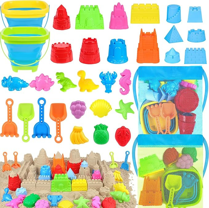 RACPNEL Collapsible Beach Toys Set for Kids Toddlers, Travel Beach Sand Castle Kits with Mesh Bag... | Amazon (US)