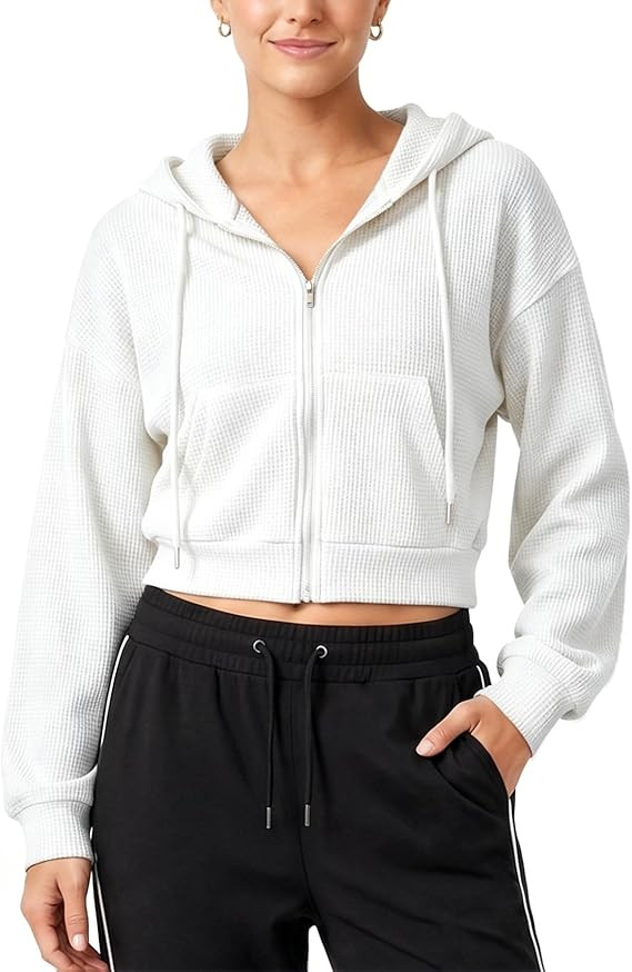 Yimoon Cropped Hoodie Women Zip Up Crop Hoodie Waffle Knit Sweatshirt Jackets | Amazon (US)