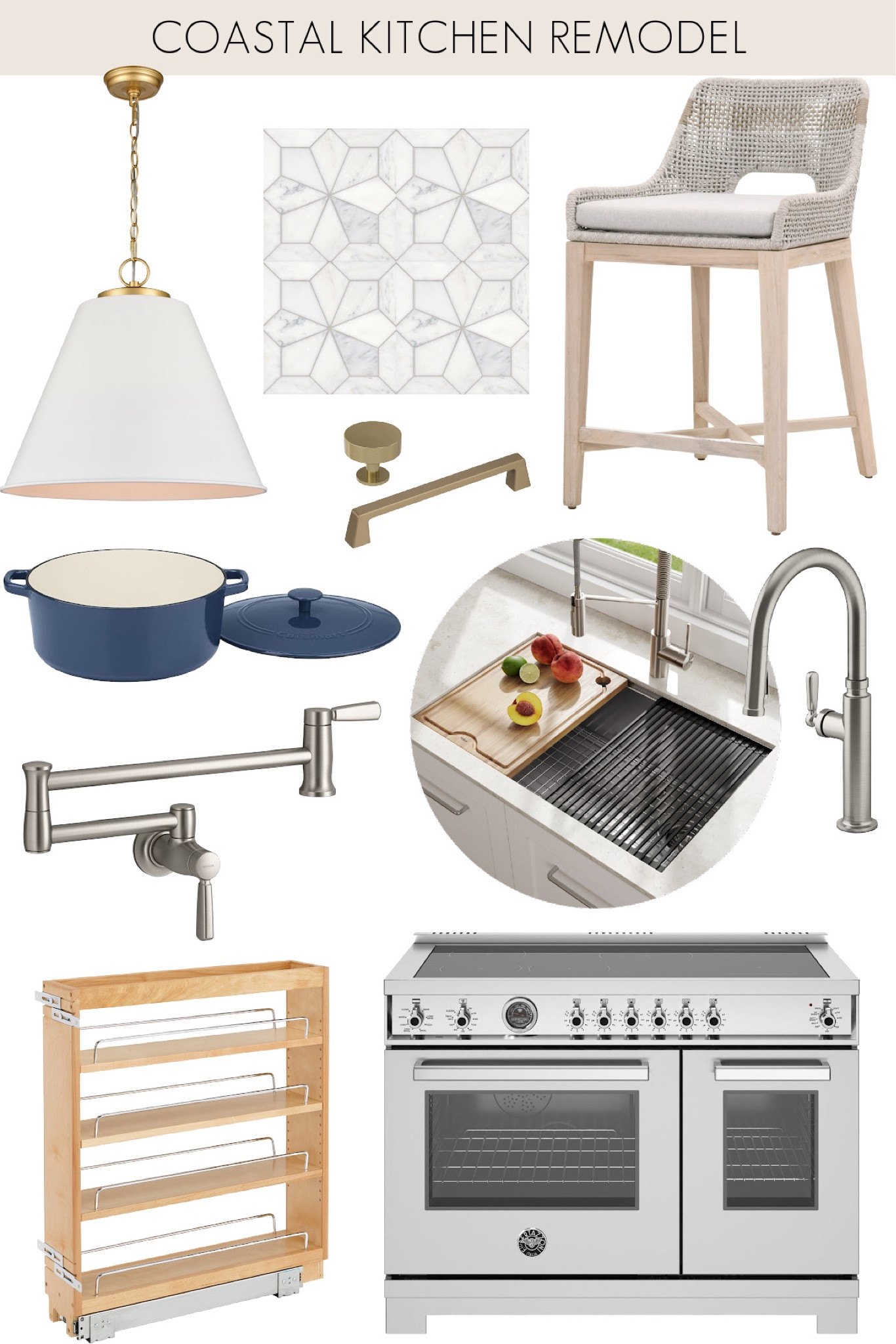 Inspo for a coastal kitchen remodel including kitchen counter stools, pendant lighting, tile, cabinet knobs and pulls, kitchen sink and faucet, pot filler, large range, and pull out spice rack. 

#LTKsalealert #LTKstyletip #LTKhome