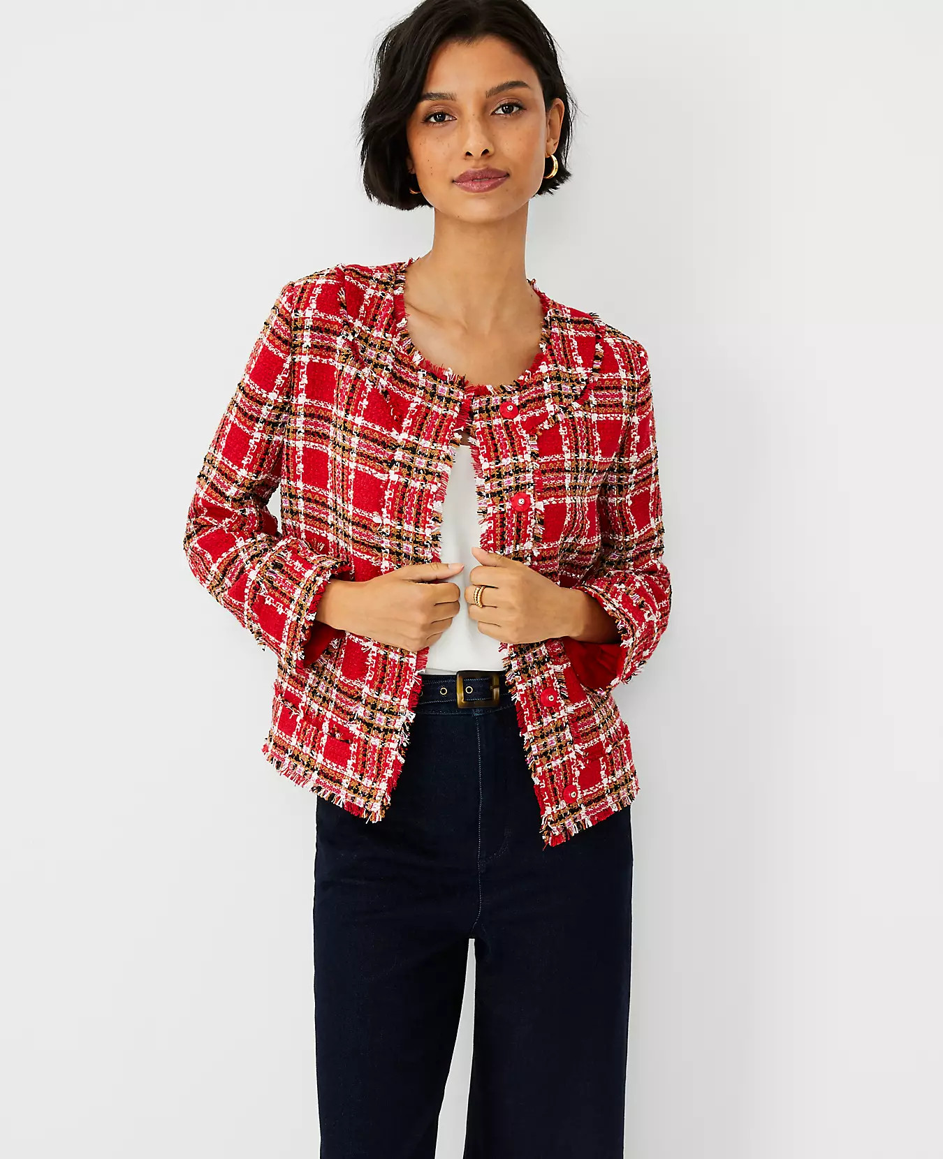 Plaid Fringe Tweed Jacket | Ann Taylor (US)