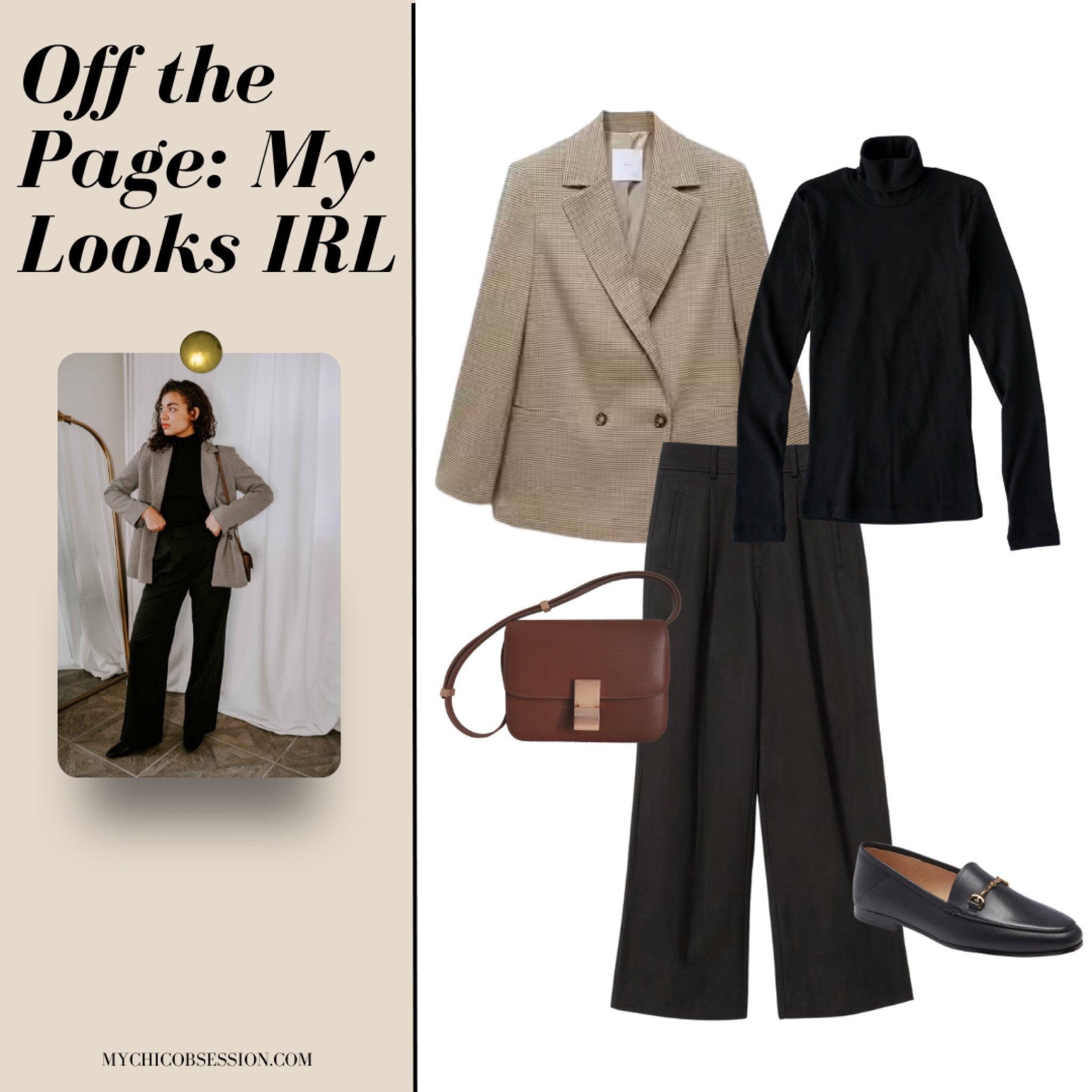 In need of a classic outfit idea? Get inspired by this outfit collage come to life. I like the relaxed fit of this Mango blazer (size 4) and the timeless print. This turtleneck from Kotn (size small) has a tight fit which makes it great for layering. These Everlane drape pants are a favorite and I have them in 2 colors. They do run a little big, FYI.  Linking similar loafers and a similar bag because mine are out of stock!

#LTKworkwear #LTKstyletip #LTKover40