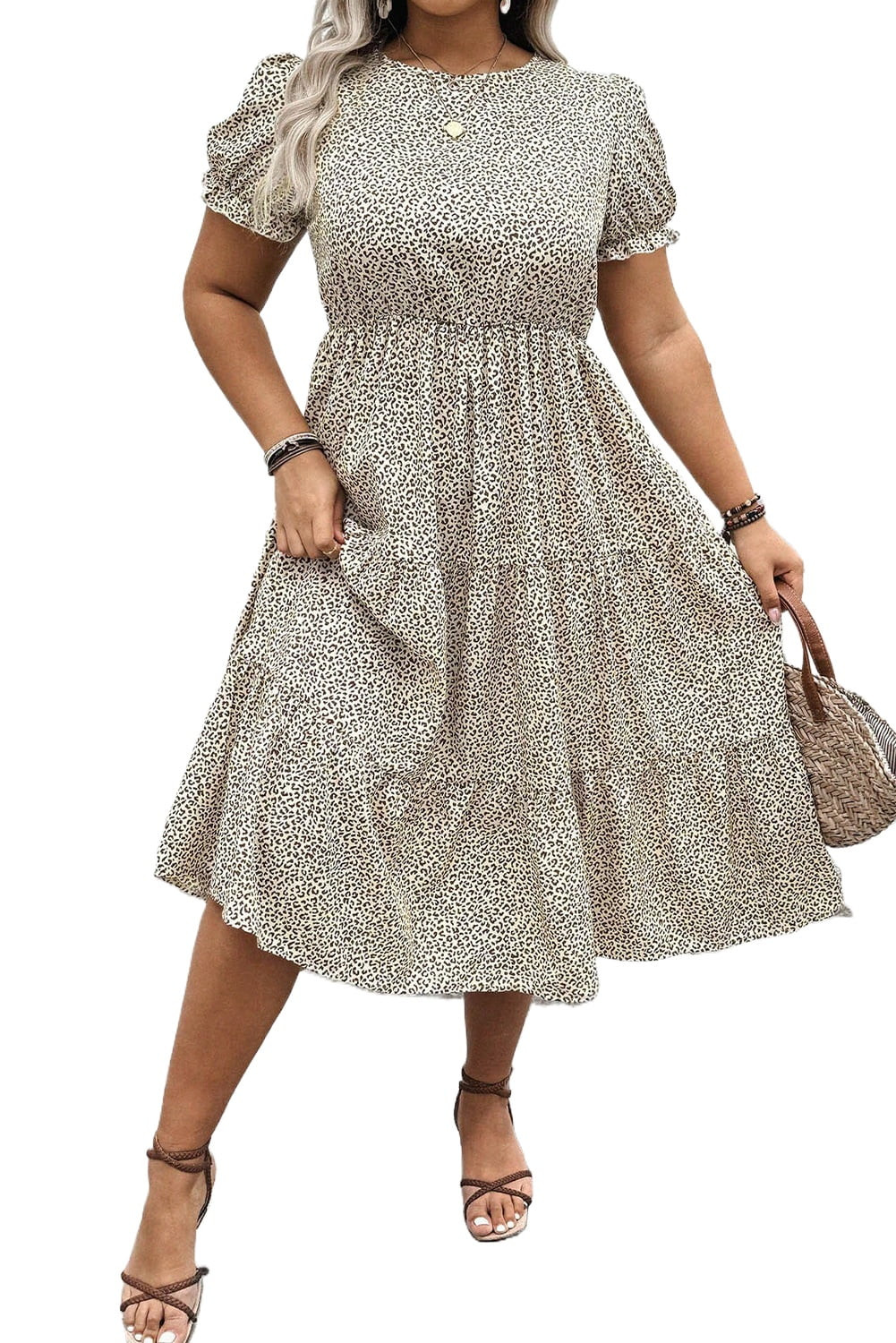 Women's Plus Size Beige Leopard Print Frill Trim Short Sleeve Flared Midi Dress | [ZhiHiMeRi] | (... | Walmart (US)