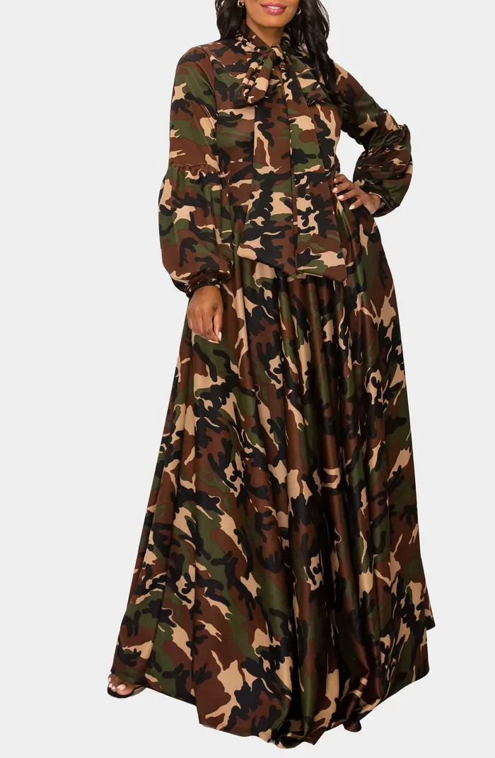 L I V D Bella Donna Camo Tie Neck Long Sleeve Maxi Shirtdress | Nordstrom | Nordstrom