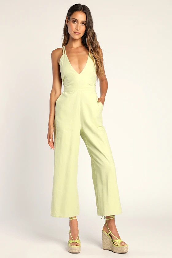 Playful Pursuit Light Green Linen Backless Wide-Leg Jumpsuit | Lulus (US)