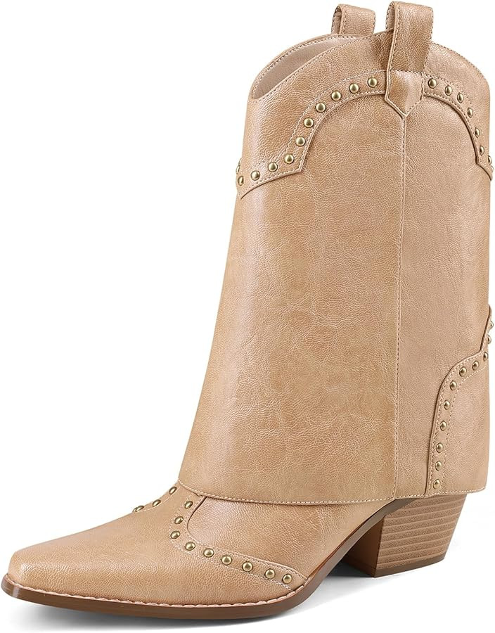 Women Shark Boots Fold Over Cowboy Boots Cowgirl Ankle Chunky Heel Snip Toe Pull On Studded Boots... | Amazon (US)