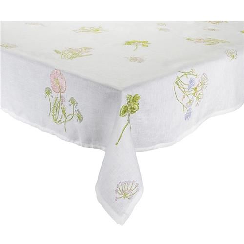 Kim Seybert Meadow French Country White Linen Floral Tablecloth | Kathy Kuo Home
