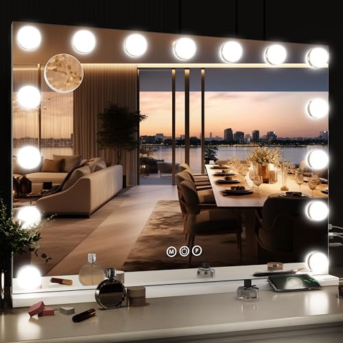 ROLOVE 32"x24" Hollywood Vanity Mirror with Lights, 18 Dimmable LED Bulbs, 3 Color Modes, 10X Magnification, USB Charging Port, Tabletop or Wall-Mounted | Amazon (US)