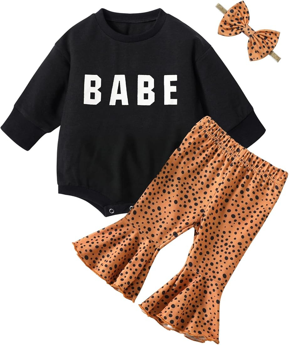 KANGKANG Baby Girl Clothes Oversized Sweater Sweatshirt Romper Flared Pant Sets Baby Clothes for ... | Amazon (US)