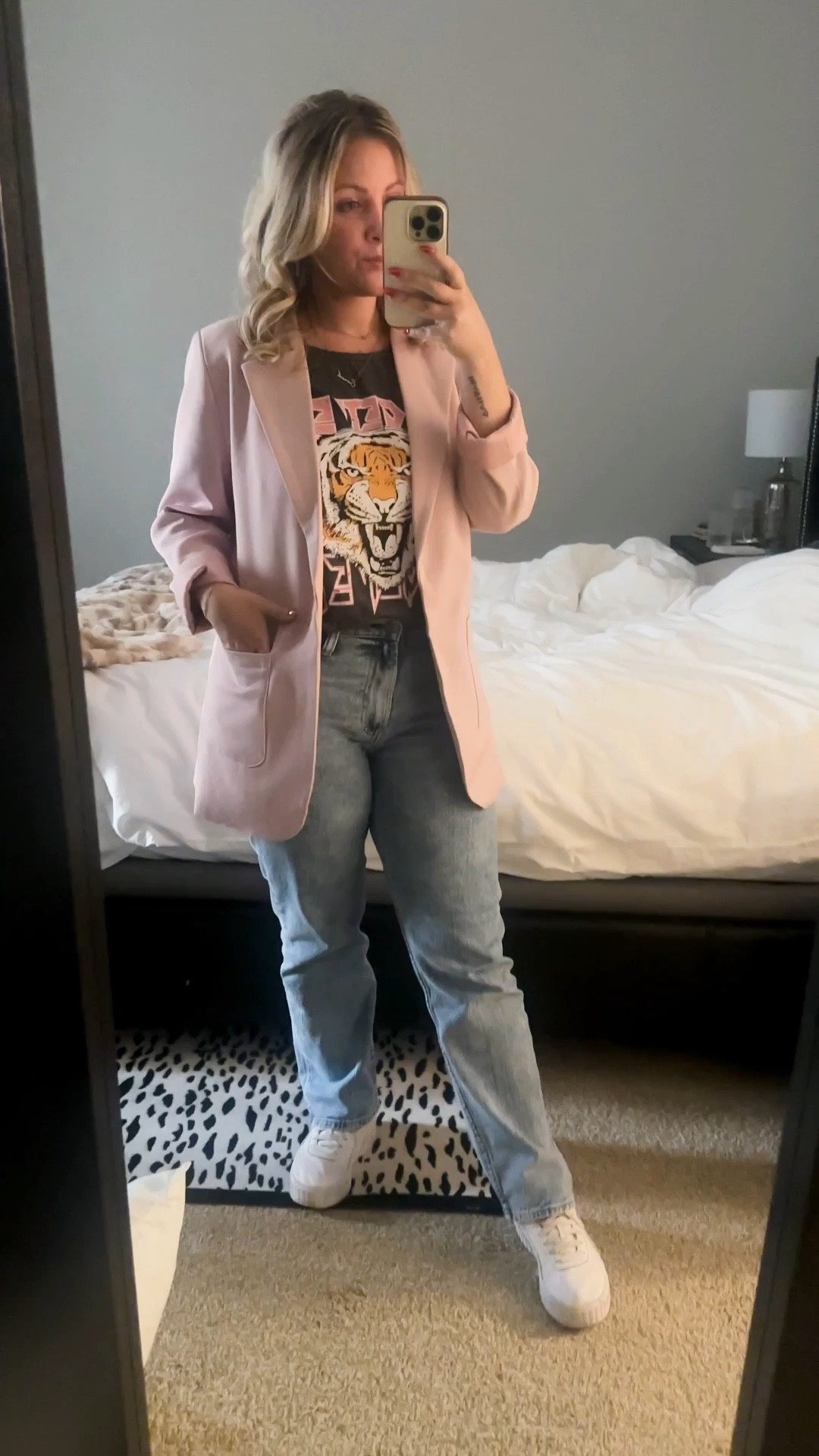 Business casual outfit idea, office outfit inspo, what I wear for a work meeting. Paired a graphic shirt with a dusty pink blazer, some straight leg jeans, and platform sneakers! Easy and always looks put together. 

#LTKWorkwear #LTKStyleTip #LTKMidsize
