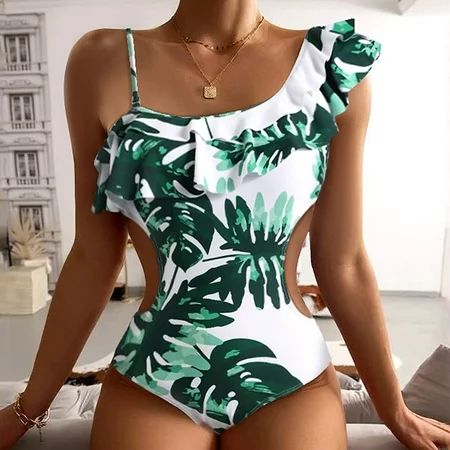 Women Swimsuits One-Piece Swimsuit Women s Leaf Print Ruffled Solid Color Halter Bikini M | Walmart (US)