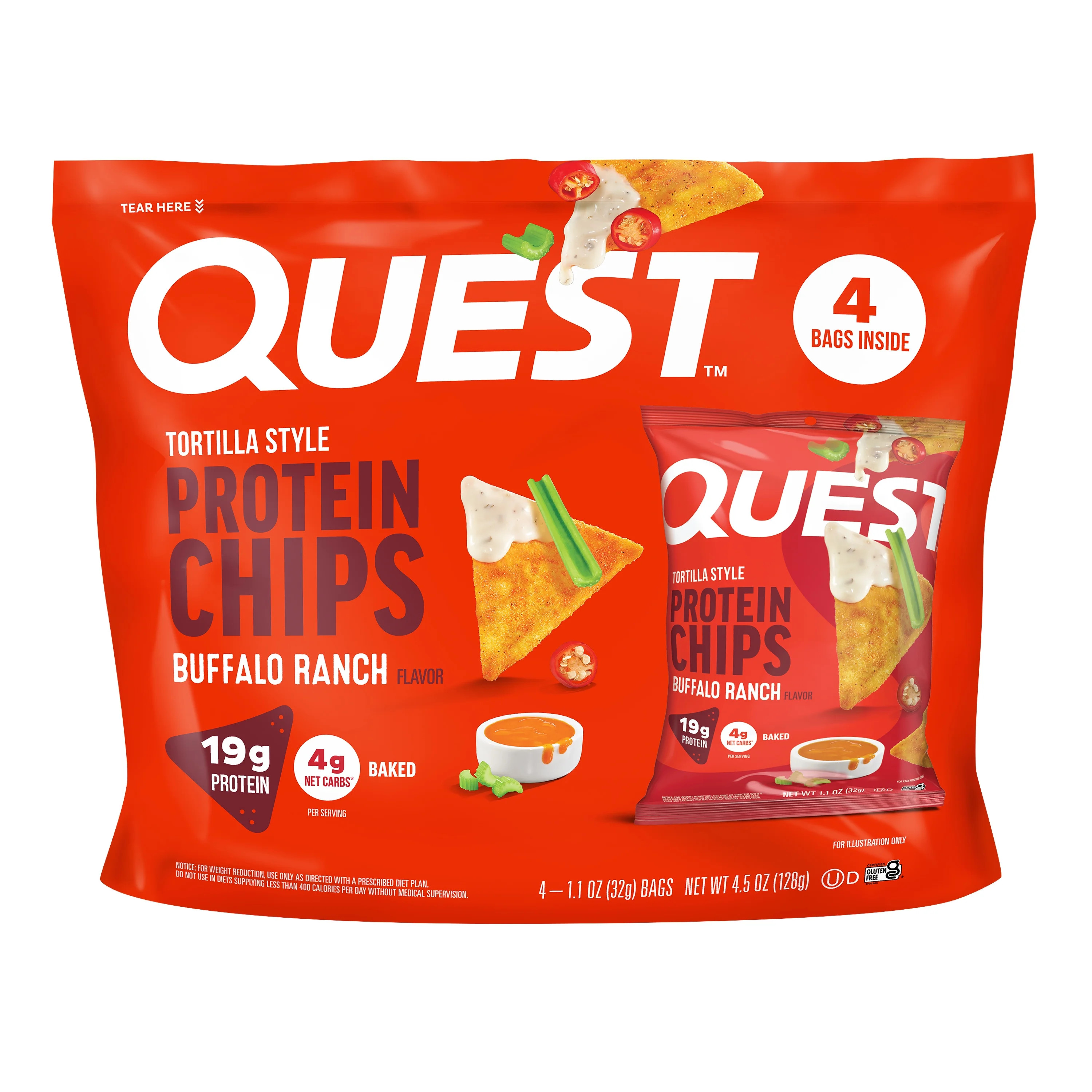 Quest Tortilla Style Protein Chips, Buffalo Ranch Flavor, Baked, 1.1oz Bags, 4 Count | Walmart (US)