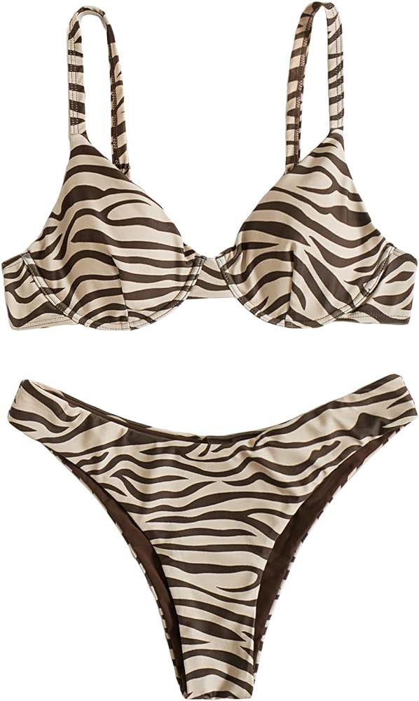 WDIRARA Women's Two Piece Swimsuit Zebra Stripe Underwire Spaghetti Strap Bikini Bathing Suit | Amazon (US)