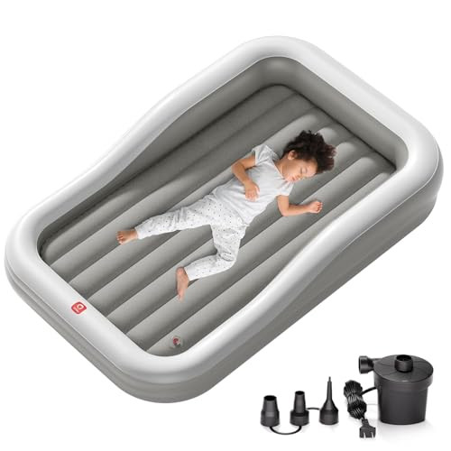 QPAU Inflatable Toddler Travel Bed with 3-Sided Safety Bumpers, Extra Large Kids Air Mattress, Includes Detachable Mattress, Portable for Camping, Travel, Home Use (Grey) | Amazon (US)
