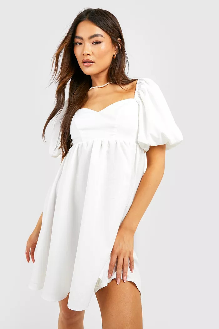 Poplin Shirred Cuff Skater Dress | Boohoo.com (UK & IE)