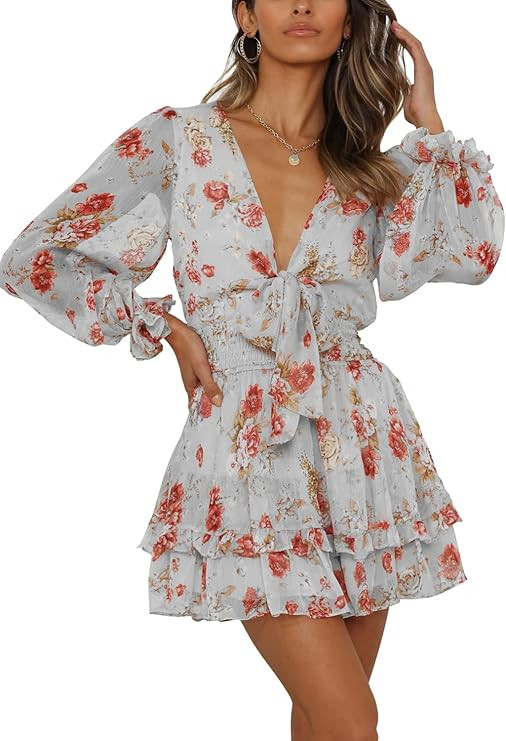 SySea Women's Sexy V Neck Tie Front Leopard Ruffle Long Sleeve Flowy Summer Mini Dress | Amazon (US)