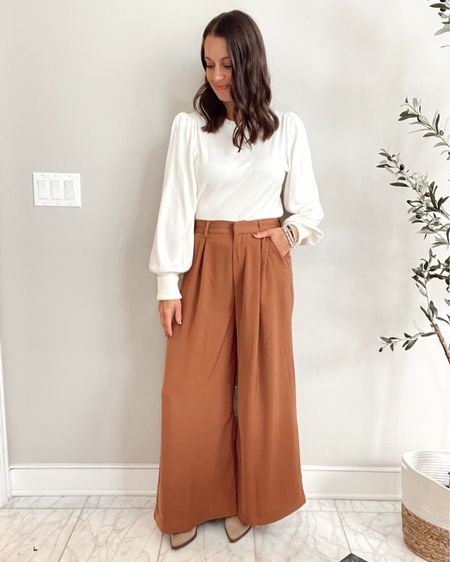 Fall outfit - thanksgiving outfit - amazon wide leg pants (true to size wearing a small), amazon puff sleeve sweater (true to size wearing a small), boots (size up 1/2) 

#LTKHoliday #LTKSeasonal #LTKstyletip