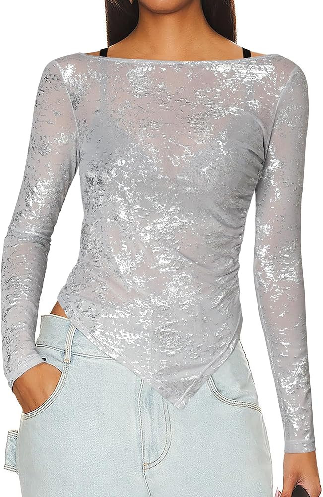 Women's Long Sleeve See Through Glitter Tops Ladies Boat Neck Mesh Sheer Sparkly Sexy Tight Blous... | Amazon (US)