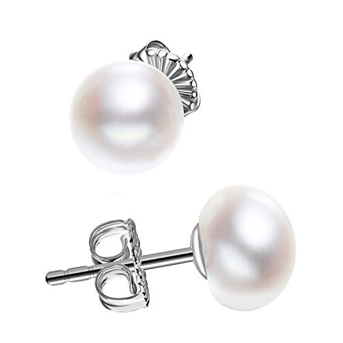 JORA Sterling Silver White Button Freshwater Cultured Pearl Stud Earrings for Women Gift | Amazon (US)