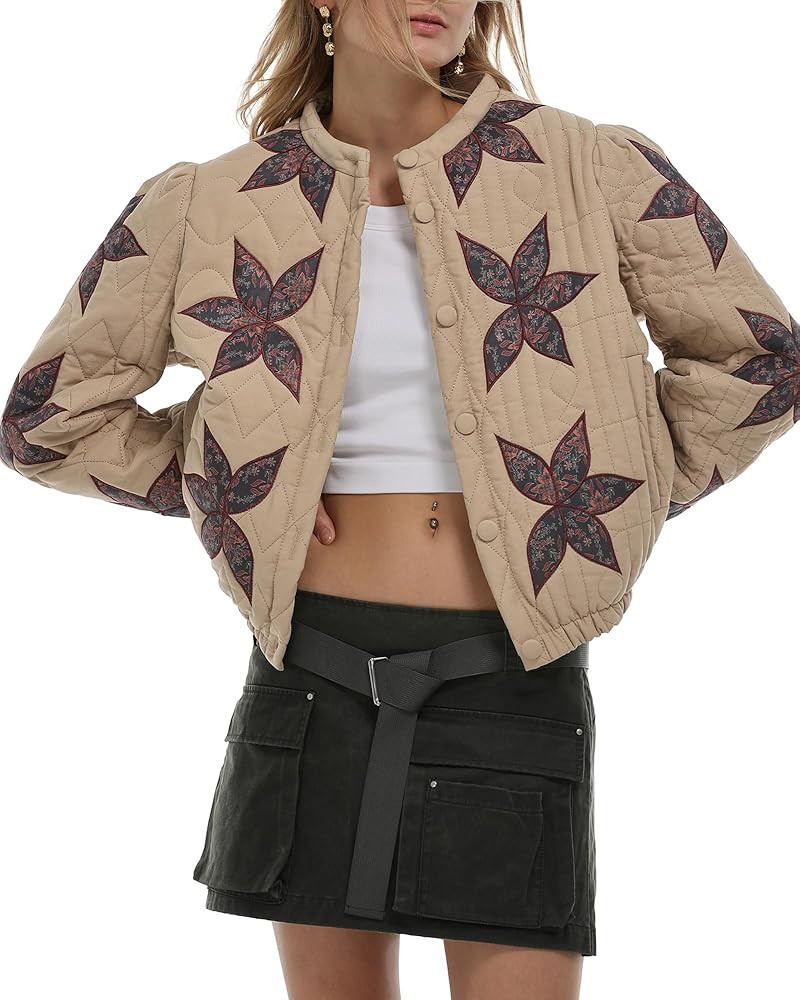 Gacaky Women's Lightweight Floral Embroidered Cropped Quilted Jacket Winter Warm Button Down Puff... | Amazon (US)