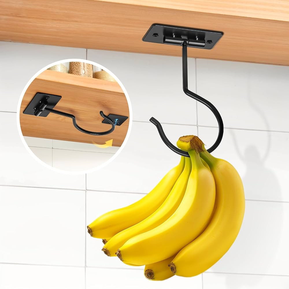 Self Adhesive Banana Hook Under Cabinet Foldable Banana Hanger Black Metal Under Counter Banana H... | Amazon (US)