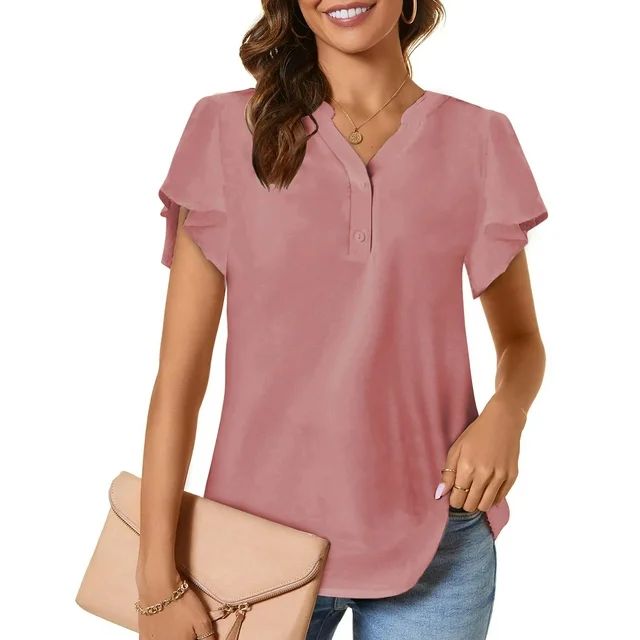 MOSHU Blouses for Women Dressy Casual Button Down Shirts Ruffle Sleeve V Neck Womens Tops - Walma... | Walmart (US)