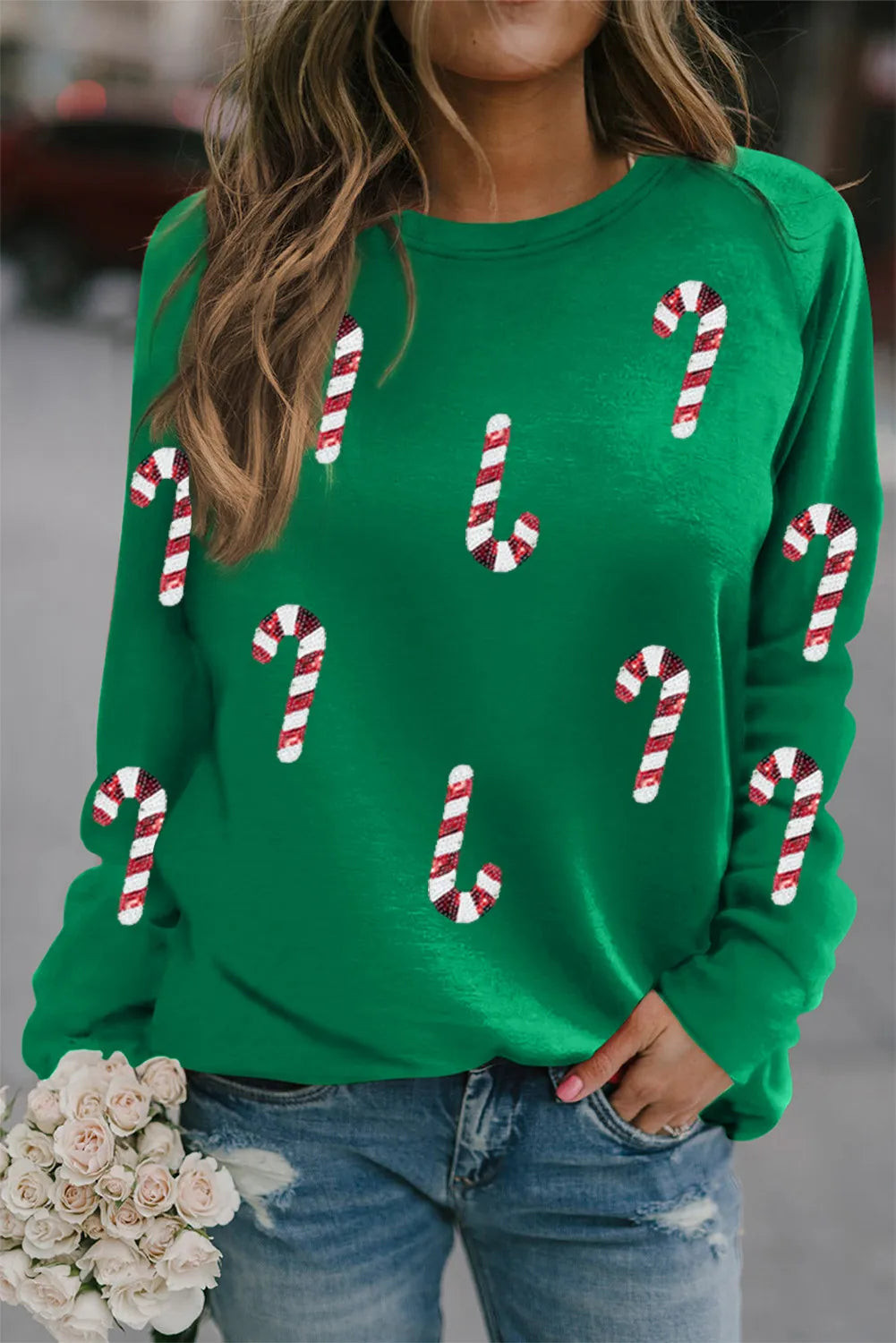 Candy Cane Round Neck Long Sleeve Sweatshirt S | Casual Chic Boutique