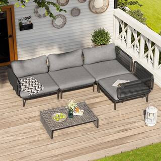 4-Piece Drawcord Metal Outdoor Sectional Set Modular Patio Seating with Dark Gray Cushions and Removable Armrests | The Home Depot