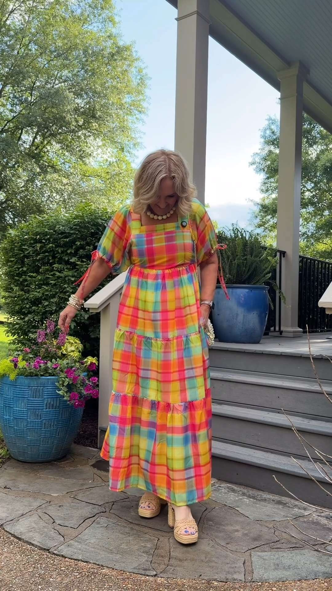 Colorful summer dresses just make me happy. This vibrant plaid maxi is such a fun statement piece for vacations, brunch, summer parties, and sunny weekends. Paired with woven accessories for the perfect playful summer look 🫶🏻 

 #LTKootd #LTKSeasonal #LTKOver40