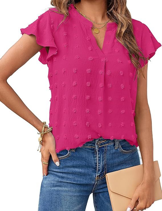 MEROKEETY Women 2024 Summer V Neck Ruffle Short Sleeve Blouse Swiss Dot Flowy Shirt Tunic Top | Amazon (US)