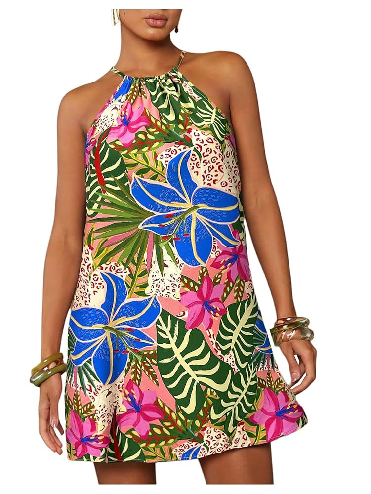 SweatyRocks Women's Tropical Print Halter Dresses Sleeveless Holiday Summer Mini Dress | Amazon (US)