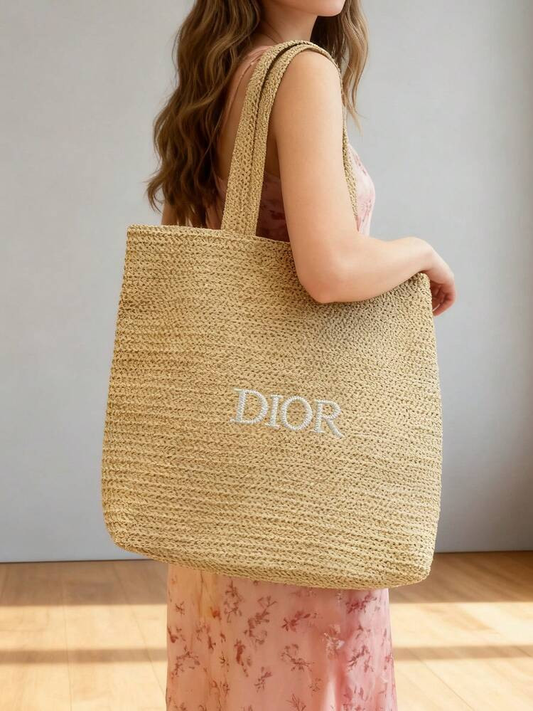 Christian Dior Women's Straw Tote Bag, Large Beige Handbag, Vacation Boho Beach Hat Bag, Summer Shoulder Shopper​ | SHEIN
